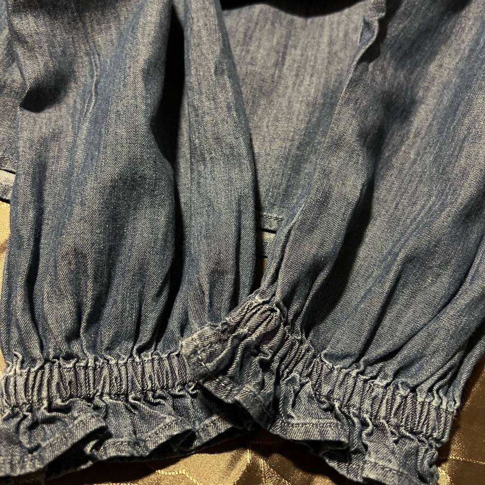 NWT Talbots Denim Chambray Ruffled Collar Top Rhinestone Buttons 100% Cotton PL - Picture 13 of 14